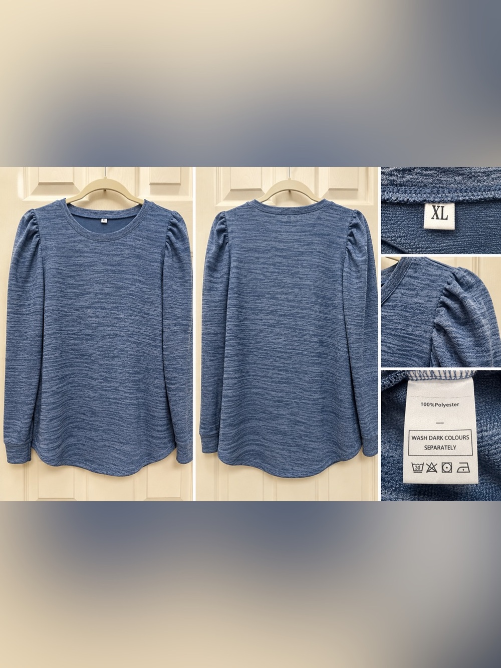 Women’s Blue Puff Sleeve Knit Top Size XL Long Sleeve Crew Neck